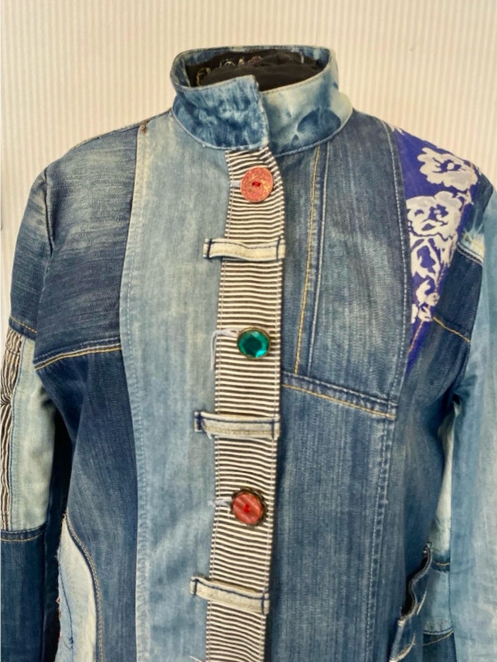 Desigual Patchwork Denim Coat in Light & Dark Blues, Collage & Colorful Buttons - Picture 2 of 14